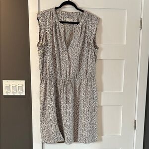 LOFT Black and White Printed Midi Tie-Waist Dress